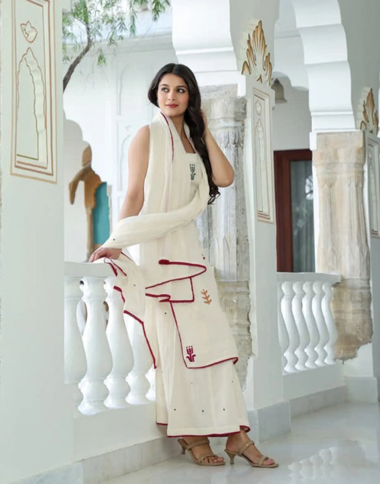 Daisy White Straight Neck Embroidery Palazzo 3 Piece Kurta Set With Dupatta