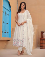 Cotton White Scoop Neck Broad Strap Embroidered Anarkali 3 Piece Kurta Set with Dupatta