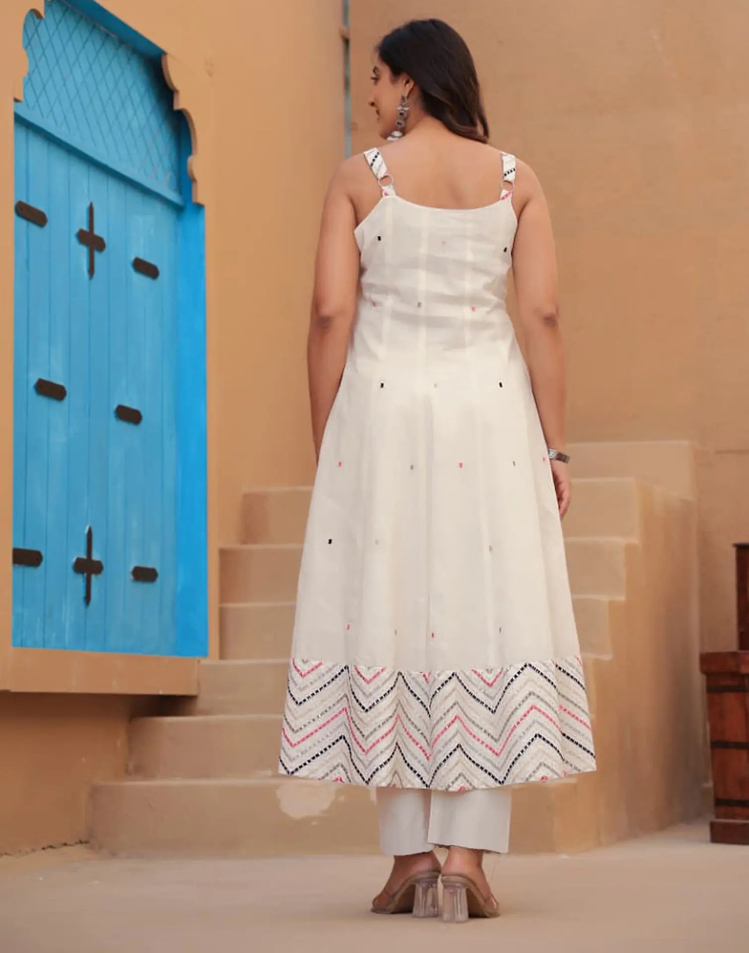 Cotton White Scoop Neck Broad Strap Embroidered Anarkali 3 Piece Kurta Set with Dupatta