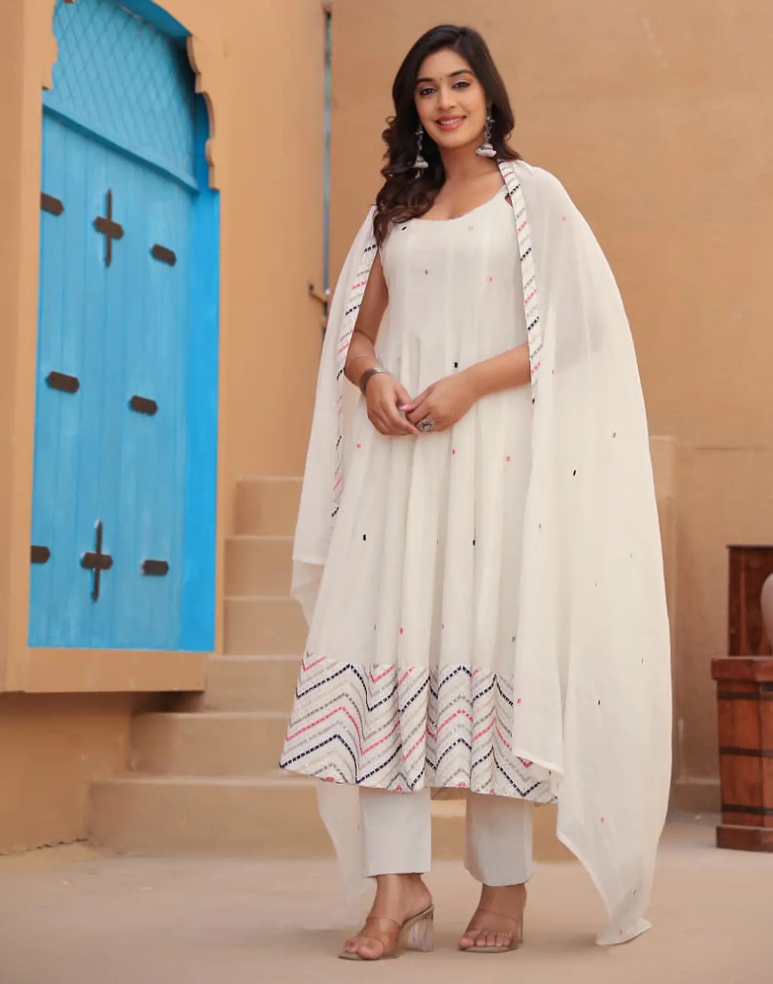 Cotton White Scoop Neck Broad Strap Embroidered Anarkali 3 Piece Kurta Set with Dupatta
