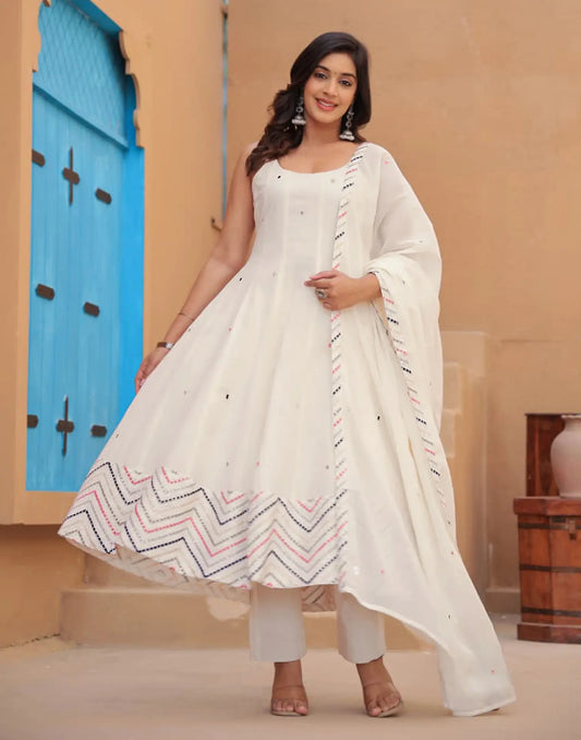 Cotton White Scoop Neck Broad Strap Embroidery Anarkali 3 Piece Kurta Set With Dupatta