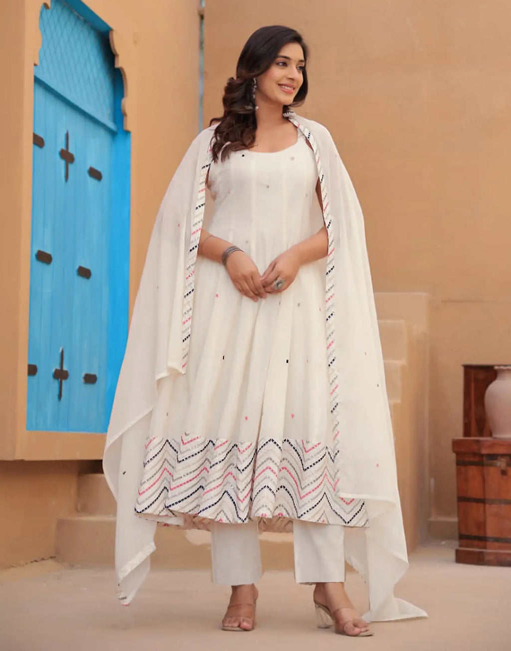 Cotton White Scoop Neck Broad Strap Embroidered Anarkali 3 Piece Kurta Set with Dupatta