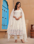 Cotton White Scoop Neck Broad Strap Embroidered Anarkali 3 Piece Kurta Set with Dupatta