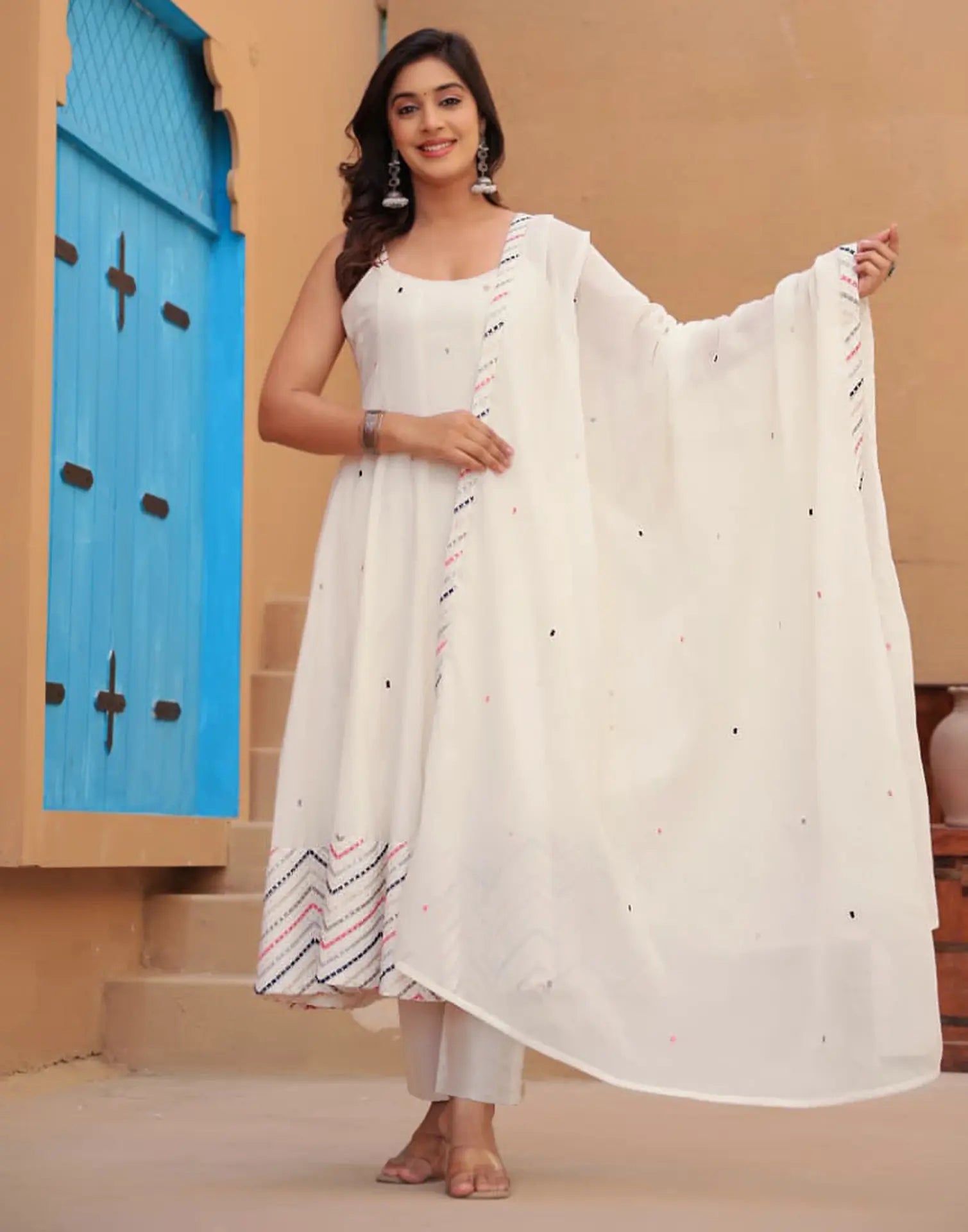Cotton White Scoop Neck Broad Strap Embroidered Anarkali 3 Piece Kurta Set with Dupatta
