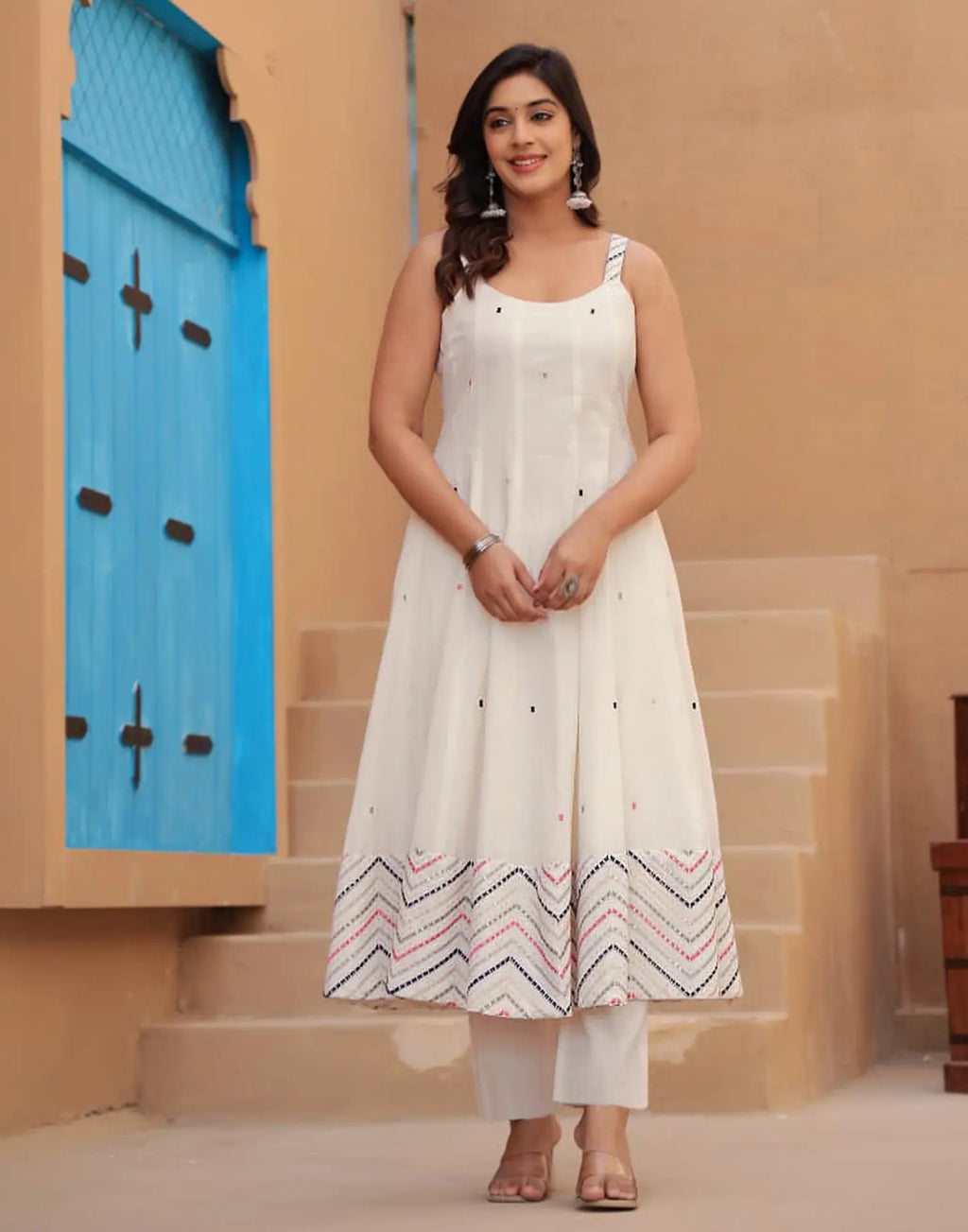Cotton White Scoop Neck Broad Strap Embroidered Anarkali 3 Piece Kurta Set with Dupatta