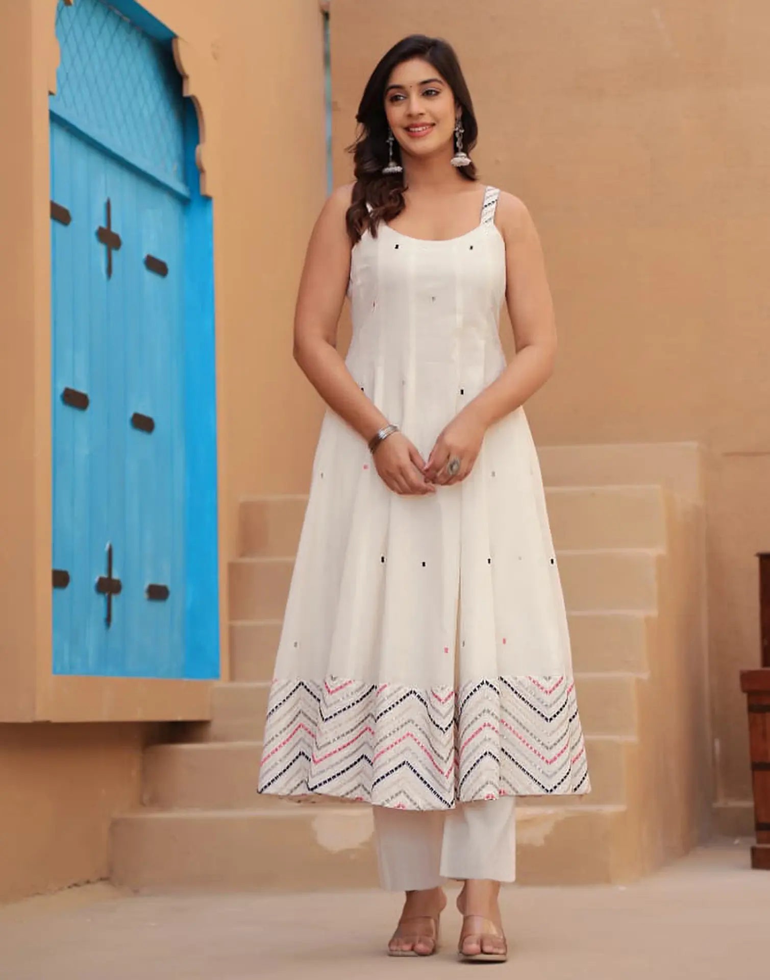 Cotton White Scoop Neck Broad Strap Embroidered Anarkali 3 Piece Kurta Set with Dupatta