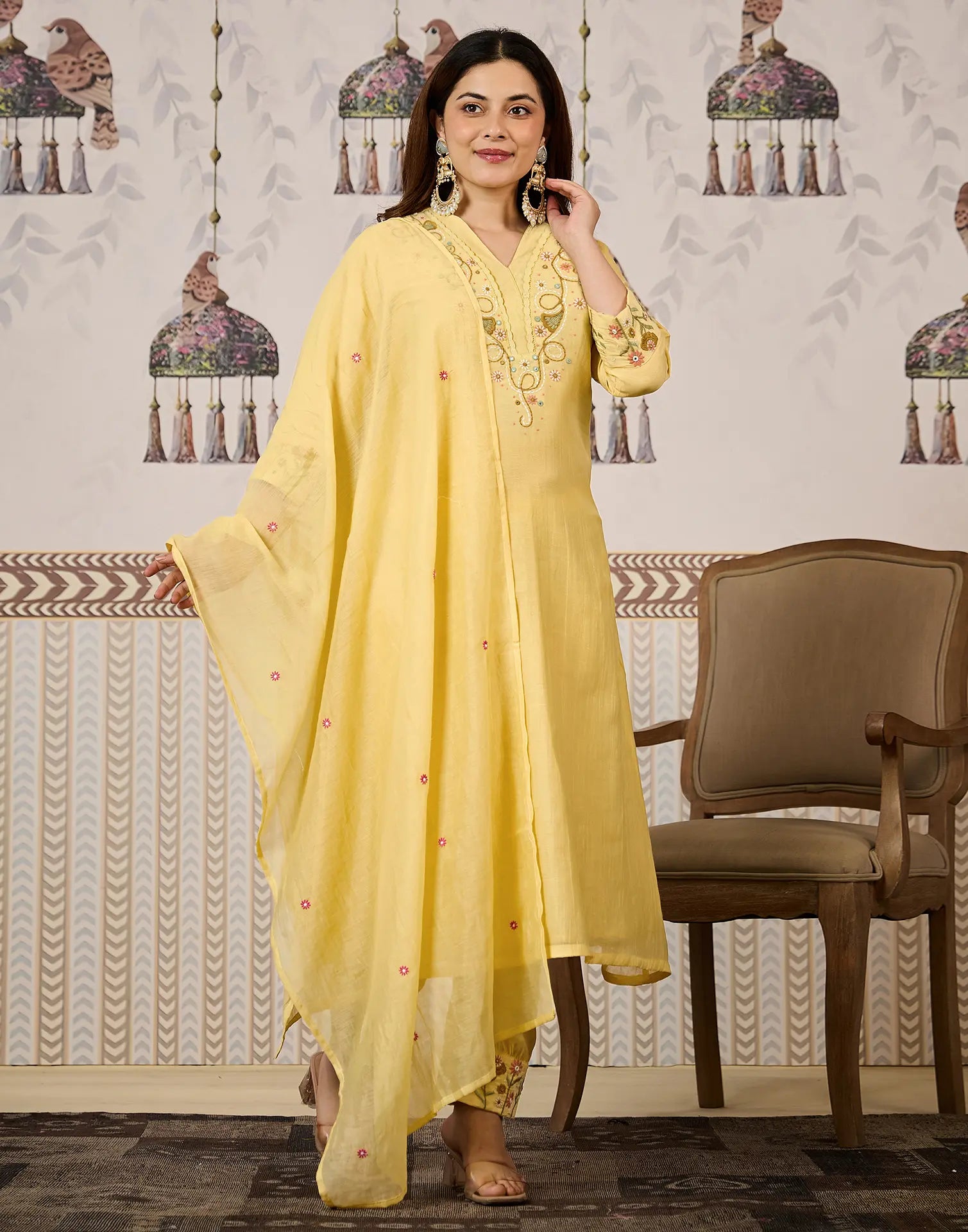 Mul Chanderi Embroidered 3 Piece Kurta Set for Women