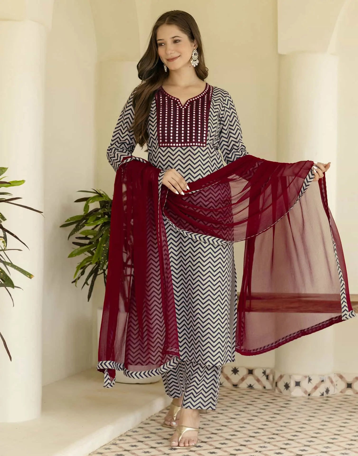 v neck kurta set with dupatta