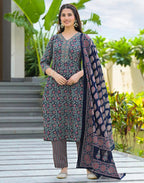Skylee Cotton Floral Print Straight 3 Piece Kurta Set For Woman