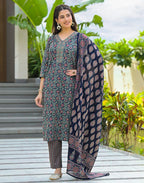 Skylee Cotton Floral Print Straight 3 Piece Kurta Set For Woman