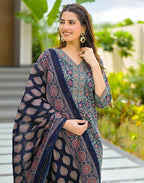 Skylee Cotton Floral Print Straight 3 Piece Kurta Set For Woman