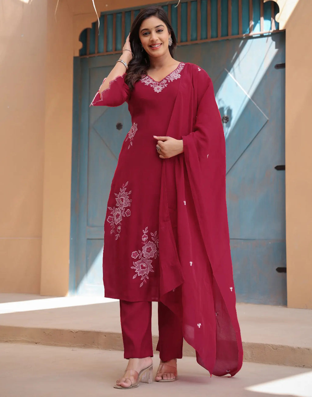 Skylee Silk Embroidered Straight 3 Piece Kurta Set For Woman
