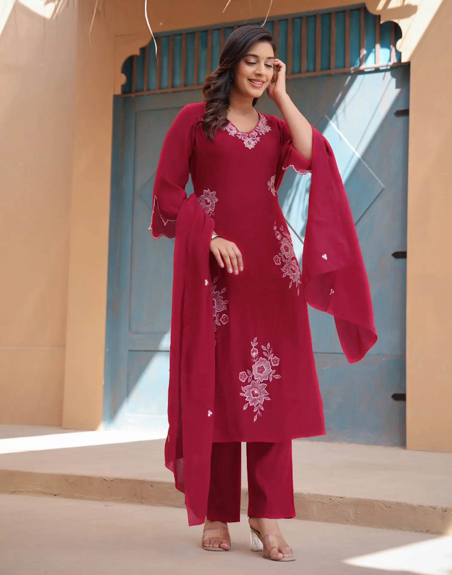 Skylee Silk Embroidered Straight 3 Piece Kurta Set For Woman