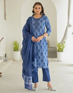 Ice Blue Round Neck Printed Straight 3 Piece Kurta Set with Dupatta
