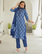 Ice Blue Round Neck Printed Straight 3 Piece Kurta Set with Dupatta
