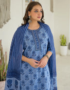 Ice Blue Round Neck Printed Straight 3 Piece Kurta Set with Dupatta