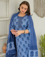 Ice Blue Round Neck Printed Straight 3 Piece Kurta Set with Dupatta