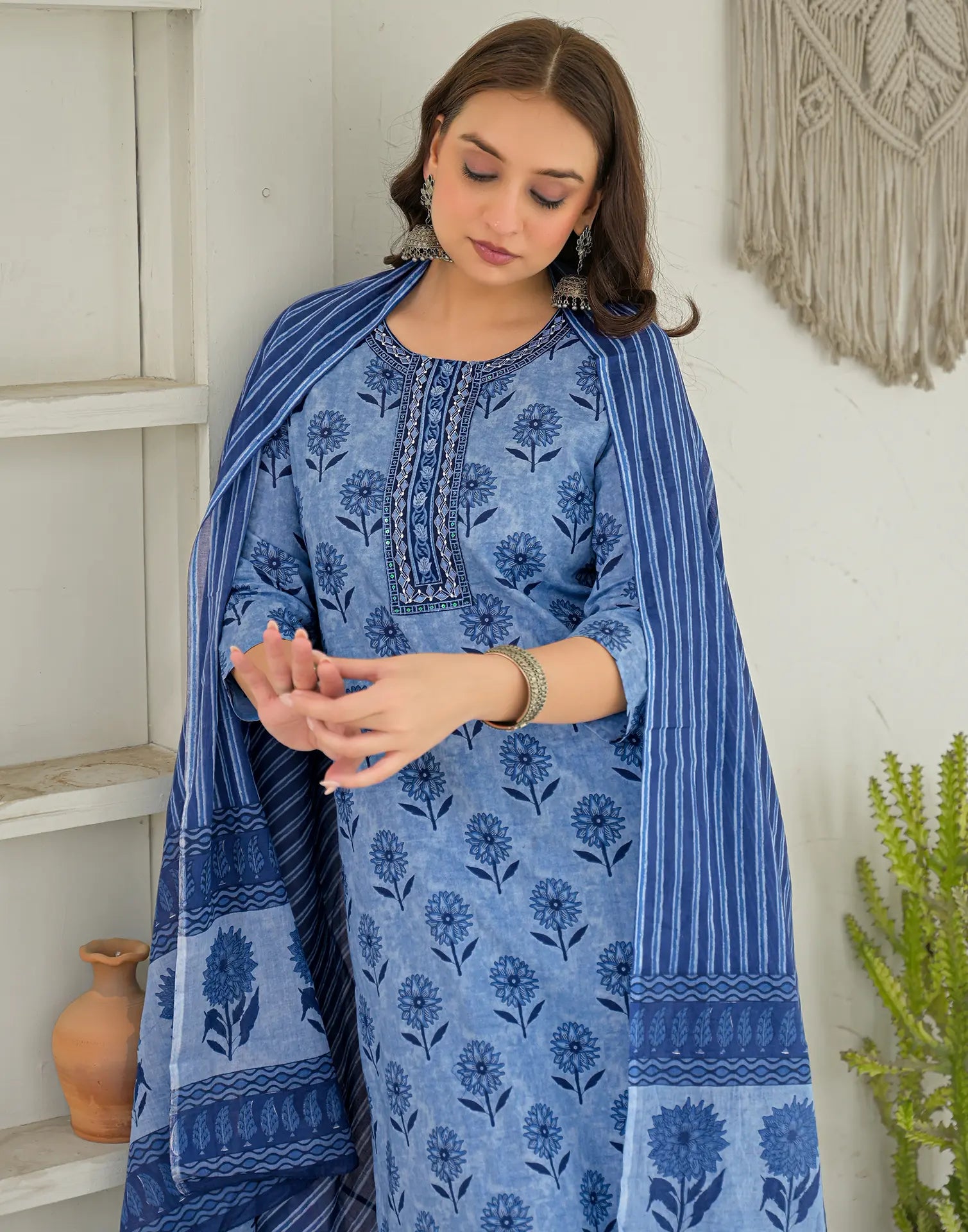 Ice Blue Round Neck Printed Straight 3 Piece Kurta Set with Dupatta