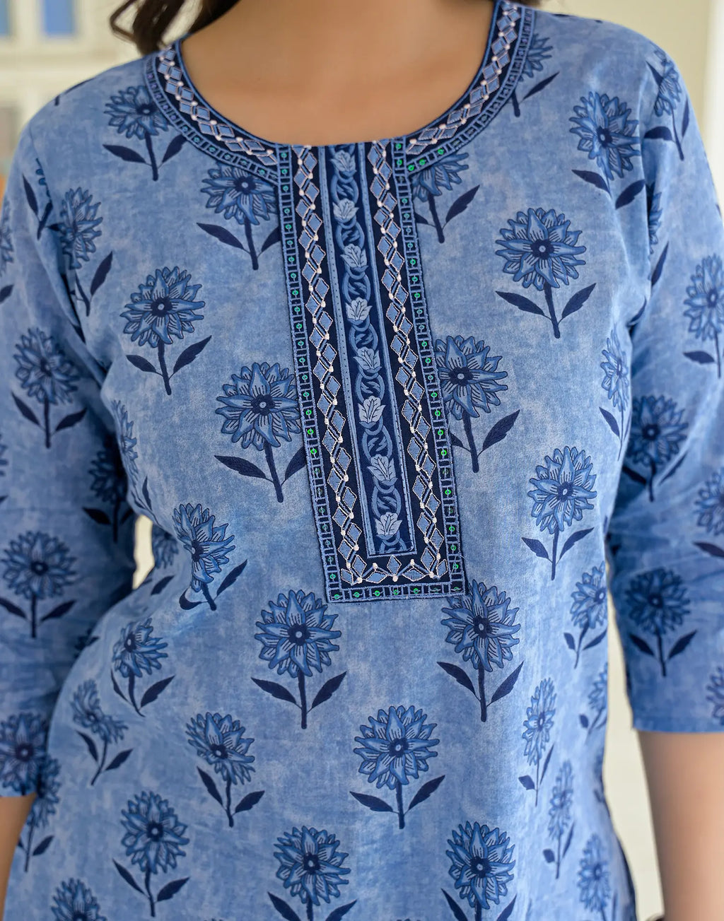 Ice Blue Round Neck Printed Straight 3 Piece Kurta Set with Dupatta