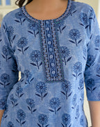 Ice Blue Round Neck Printed Straight 3 Piece Kurta Set with Dupatta
