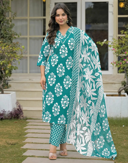 Cotton Embroidered V-Neck Straight Kurta with Pant & Dupatta