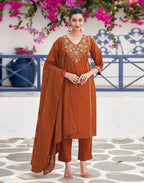 Rust Orange V-Neck Embroidered Straight 3 Piece Kurta Set with Dupatta