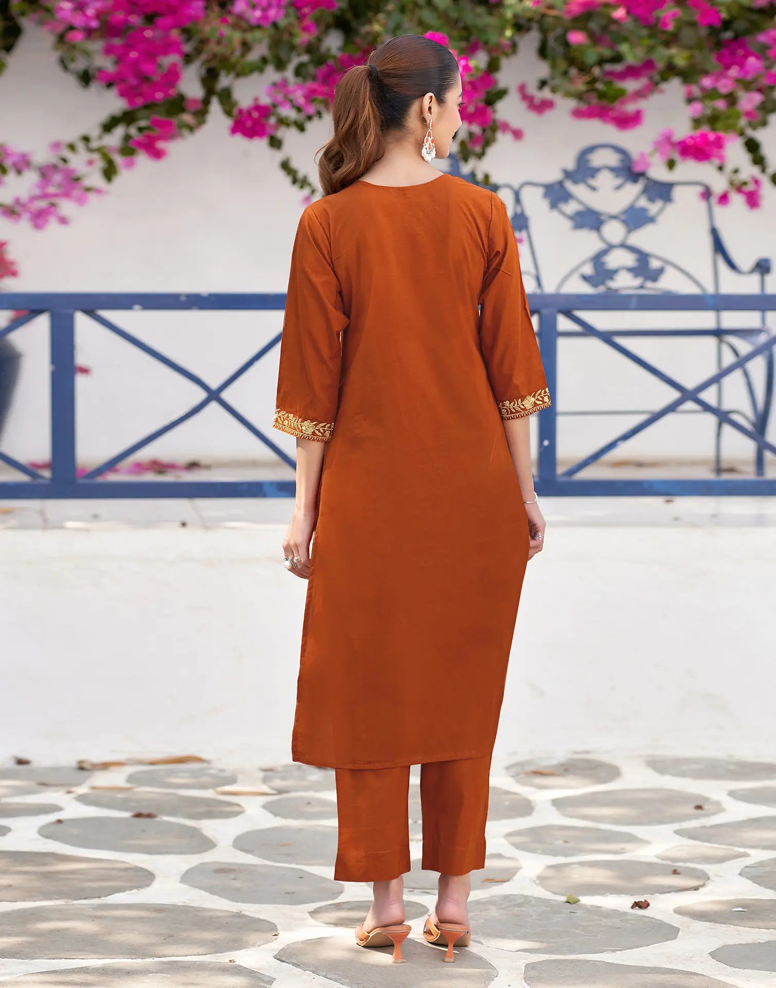 Rust Orange V-Neck Embroidered Straight 3 Piece Kurta Set with Dupatta