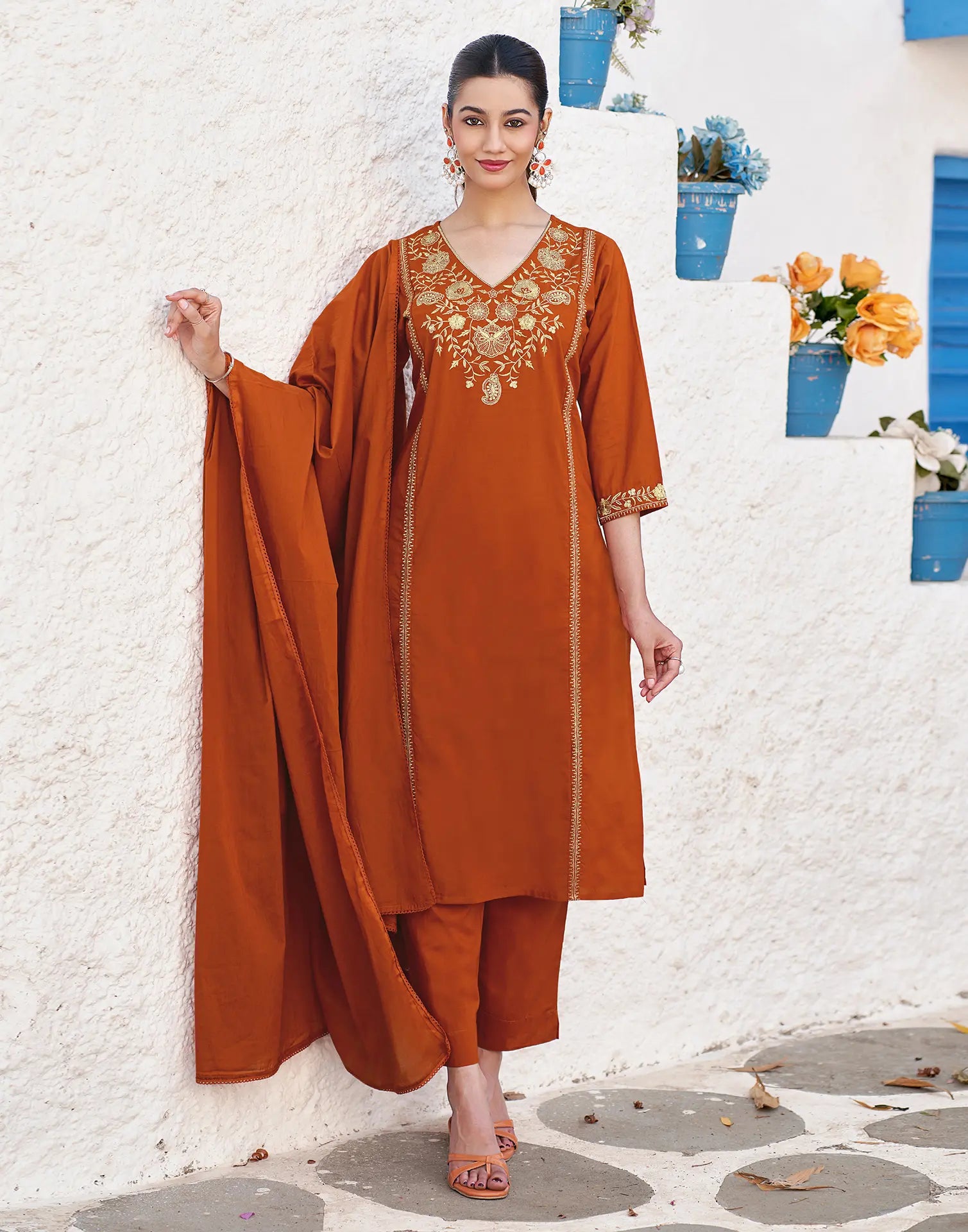 Rust Orange V-Neck Embroidered Straight 3 Piece Kurta Set with Dupatta