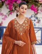 Rust Orange V-Neck Embroidered Straight 3 Piece Kurta Set with Dupatta