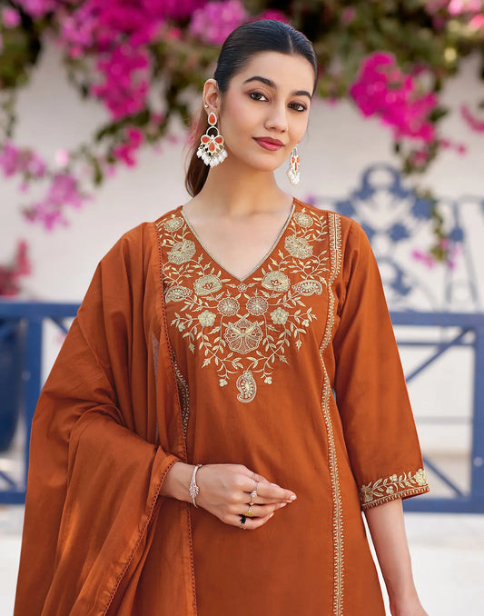 Rust Orange V-Neck Embroidery Straight 3 Piece Kurta Set With Dupatta