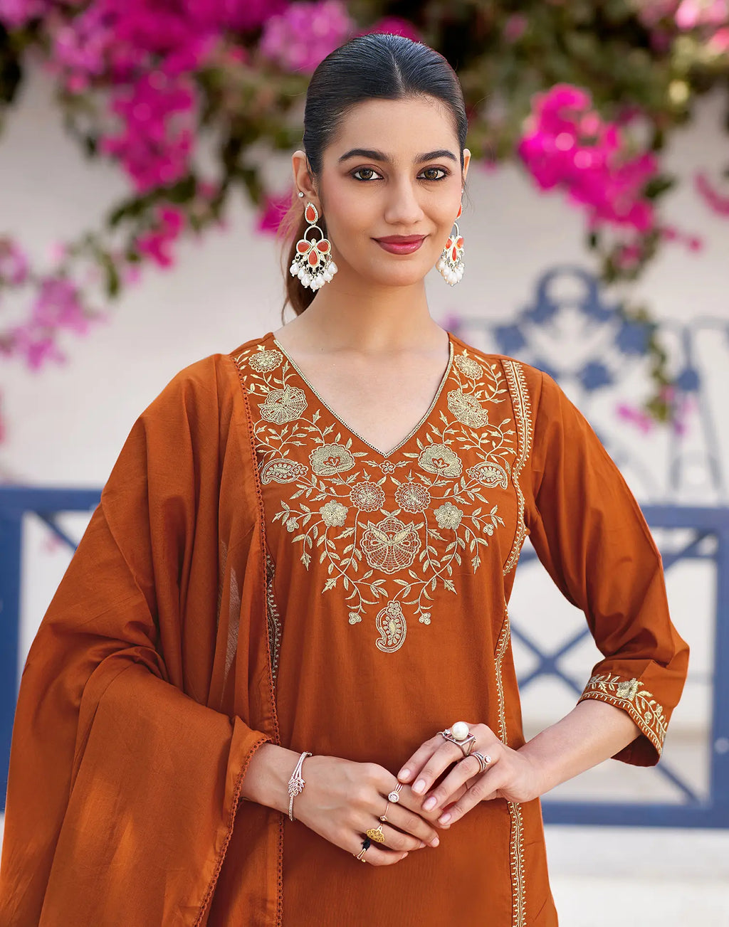Rust Orange V-Neck Embroidered Straight 3 Piece Kurta Set with Dupatta