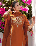 Rust Orange V-Neck Embroidered Straight 3 Piece Kurta Set with Dupatta