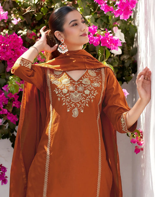 Rust Orange V-Neck Embroidery Straight 3 Piece Kurta Set With Dupatta