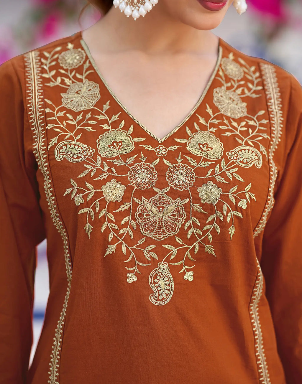 Rust Orange V-Neck Embroidered Straight 3 Piece Kurta Set with Dupatta