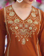 Rust Orange V-Neck Embroidered Straight 3 Piece Kurta Set with Dupatta