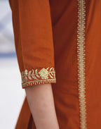 Rust Orange V-Neck Embroidered Straight 3 Piece Kurta Set with Dupatta