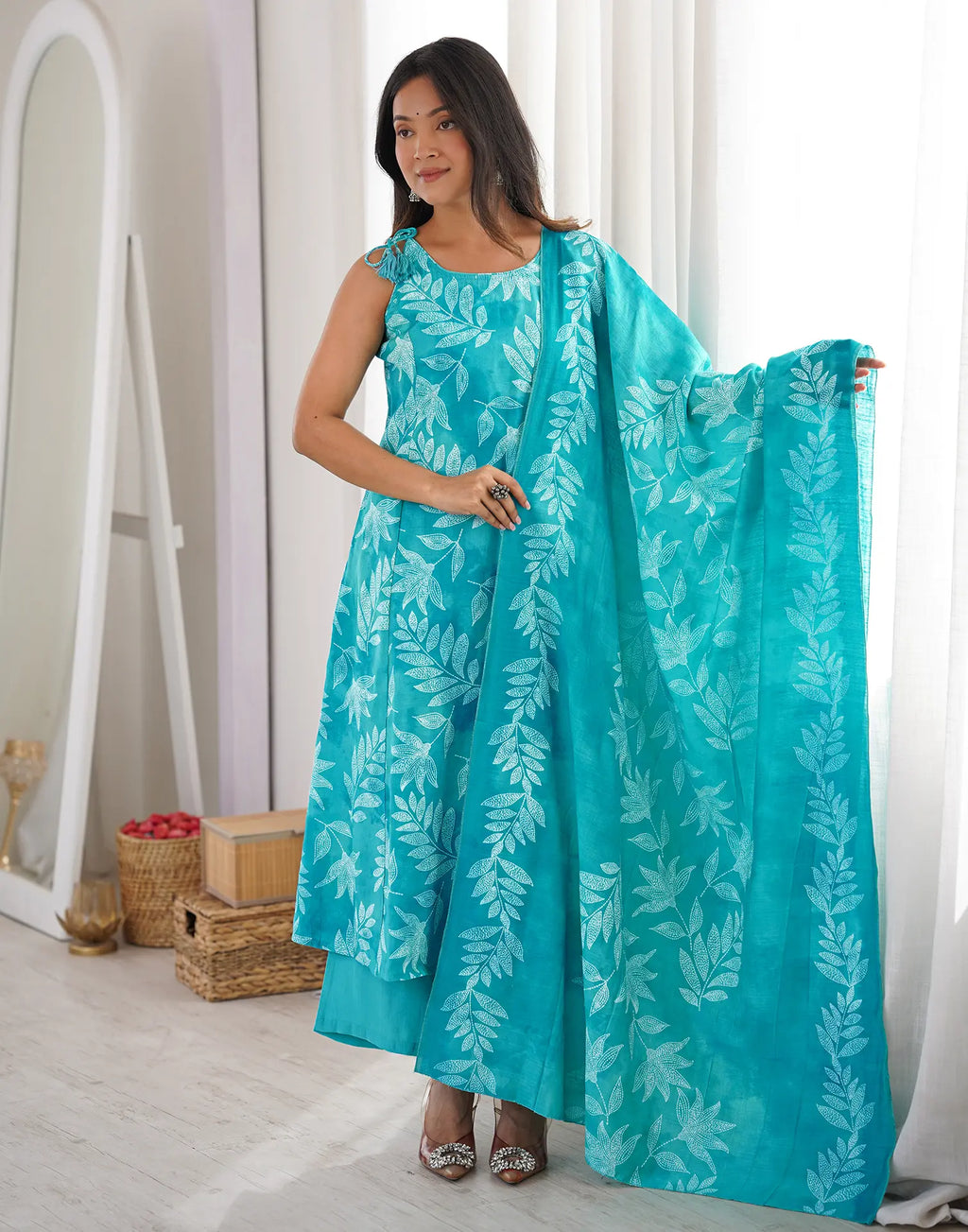 Blue Taffy Round Neck, Dori Shoulder Digital Printed A-Line 3 Piece Kurta Set with Dupatta