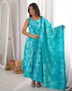 Blue Taffy Round Neck, Dori Shoulder Digital Printed A-Line 3 Piece Kurta Set with Dupatta