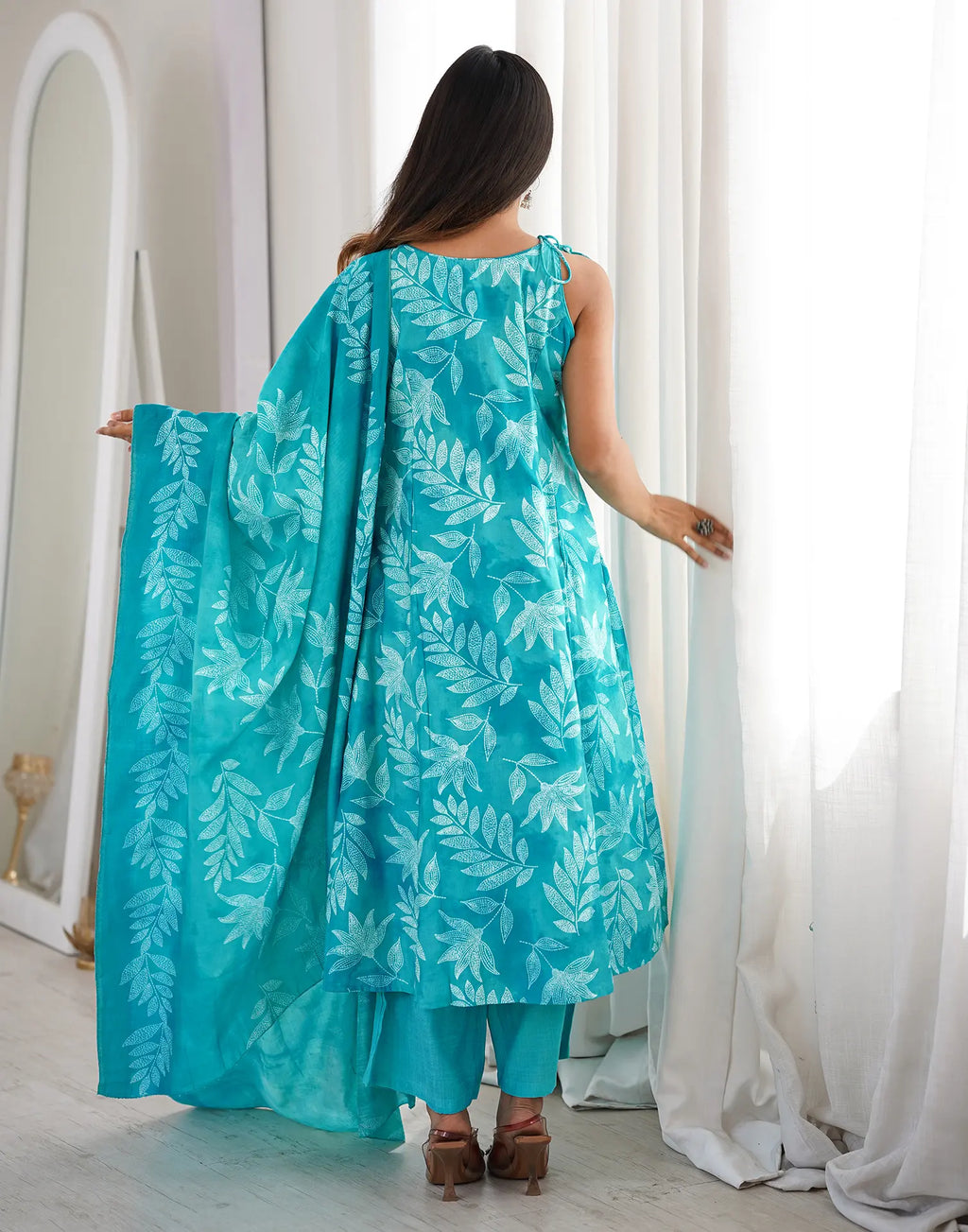 Blue Taffy Round Neck, Dori Shoulder Digital Printed A-Line 3 Piece Kurta Set with Dupatta