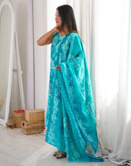 Blue Taffy Round Neck, Dori Shoulder Digital Printed A-Line 3 Piece Kurta Set with Dupatta