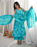 Blue Taffy Round Neck, Dori Shoulder Digital Printed A-Line 3 Piece Kurta Set with Dupatta