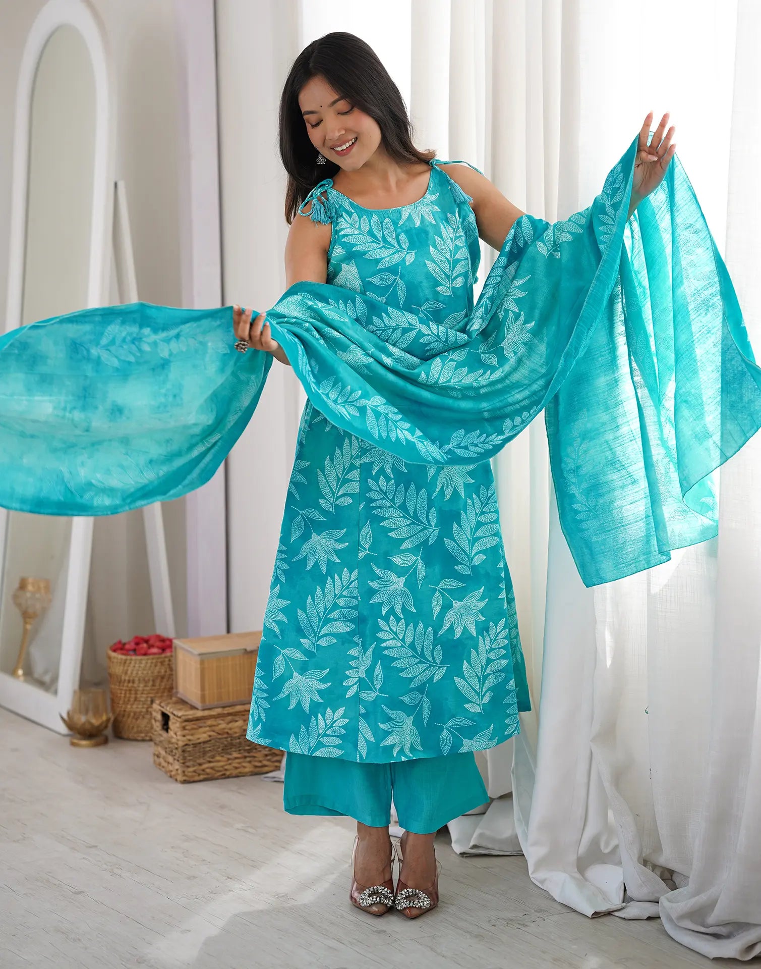 Blue Taffy Round Neck, Dori Shoulder Digital Printed A-Line 3 Piece Kurta Set with Dupatta