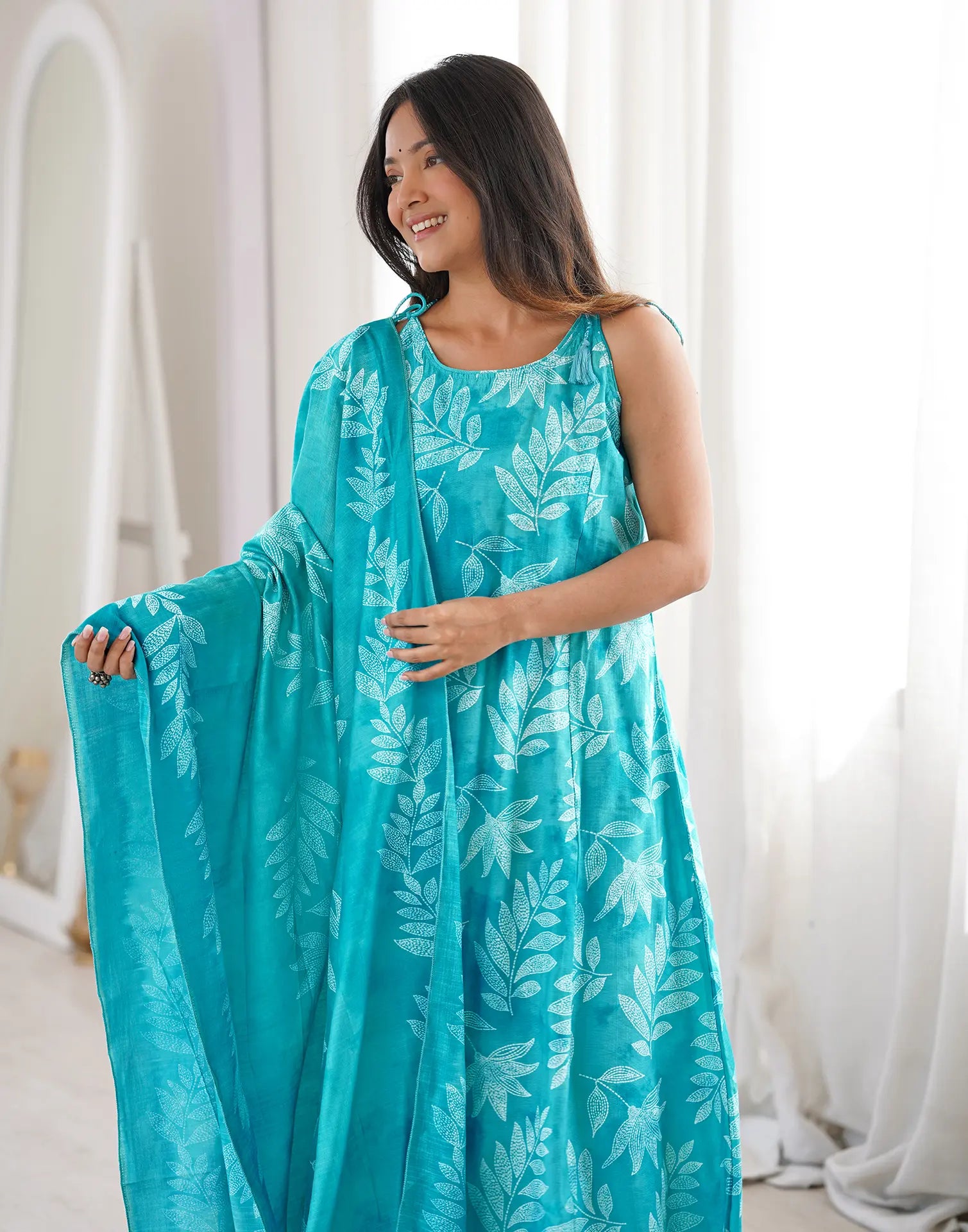 Blue Taffy Round Neck, Dori Shoulder Digital Printed A-Line 3 Piece Kurta Set with Dupatta