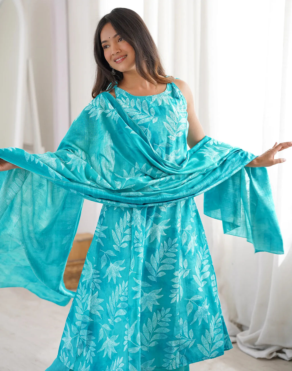 Blue Taffy Round Neck, Dori Shoulder Digital Printed A-Line 3 Piece Kurta Set with Dupatta