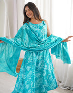 Blue Taffy Round Neck, Dori Shoulder Digital Printed A-Line 3 Piece Kurta Set with Dupatta