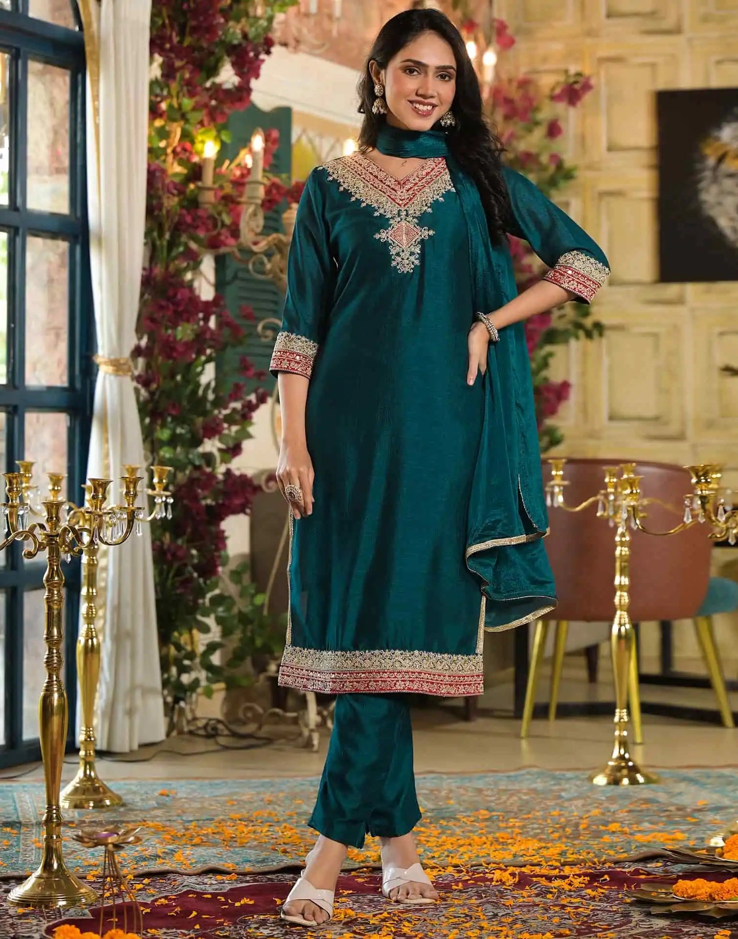 Blue Silk Embroidered Straight Kurta Set with Pant & Dupatta under 1250