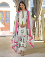 Skylee Cotton Floral Print A-Line 3 Piece Kurta Set For Woman