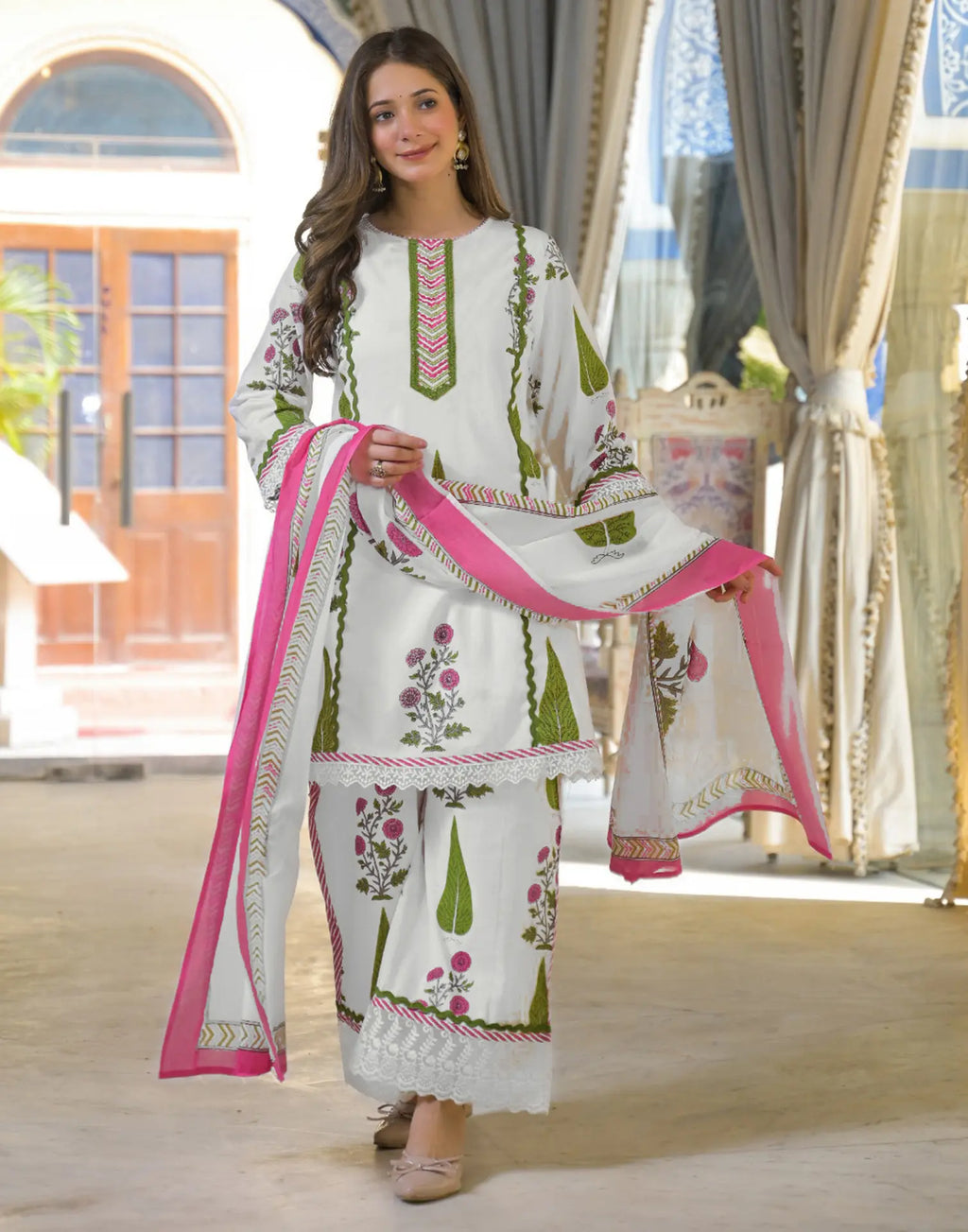 Skylee Cotton Floral Print A-Line 3 Piece Kurta Set For Woman