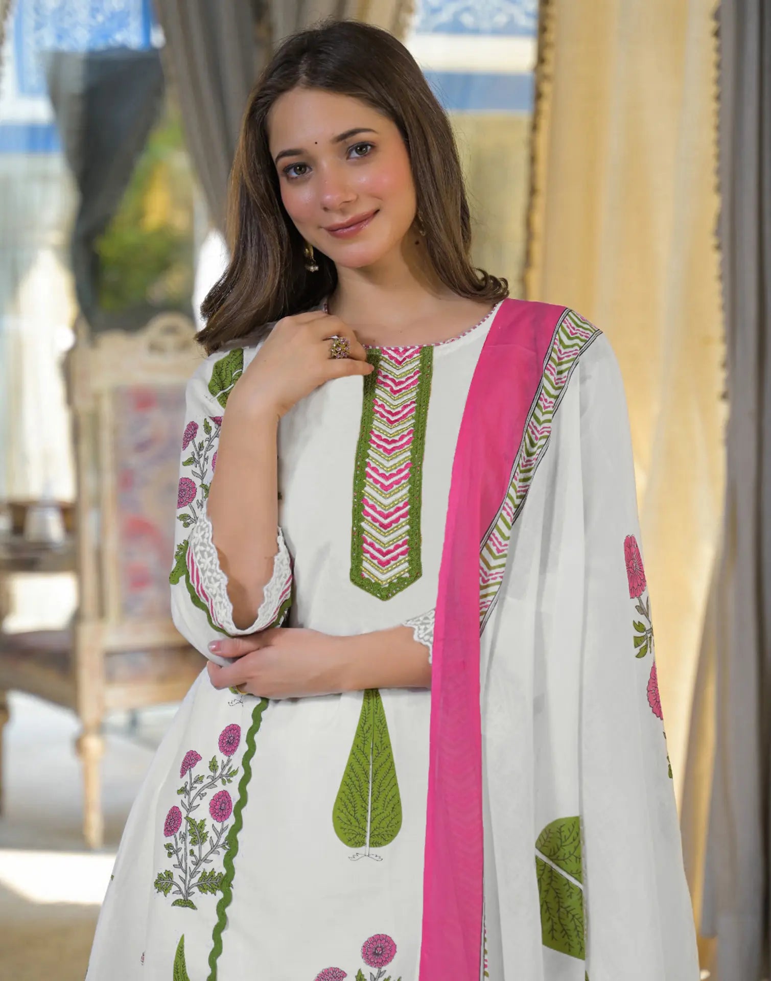 Skylee Cotton Floral Print A-Line 3 Piece Kurta Set For Woman