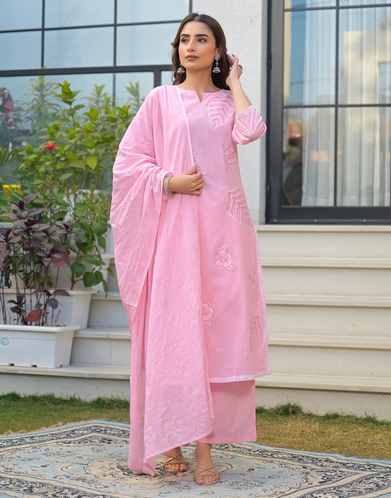 Skylee Cotton Embroidered Straight 3 Piece Kurta Set For Woman